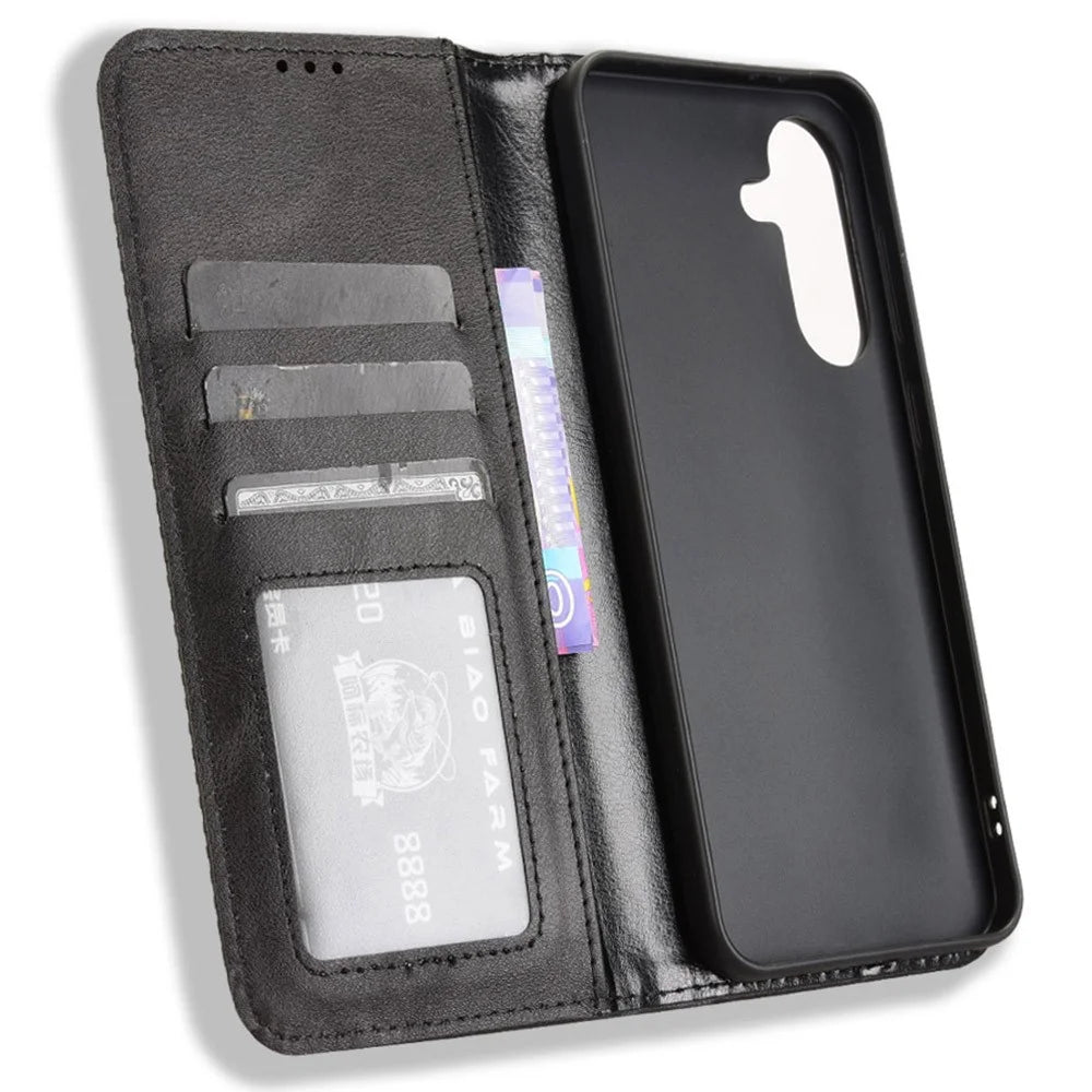 For Samsung Galaxy A36 5G Leather Case Wallet Stand Retro Texture Phone Cover - Black - 5
