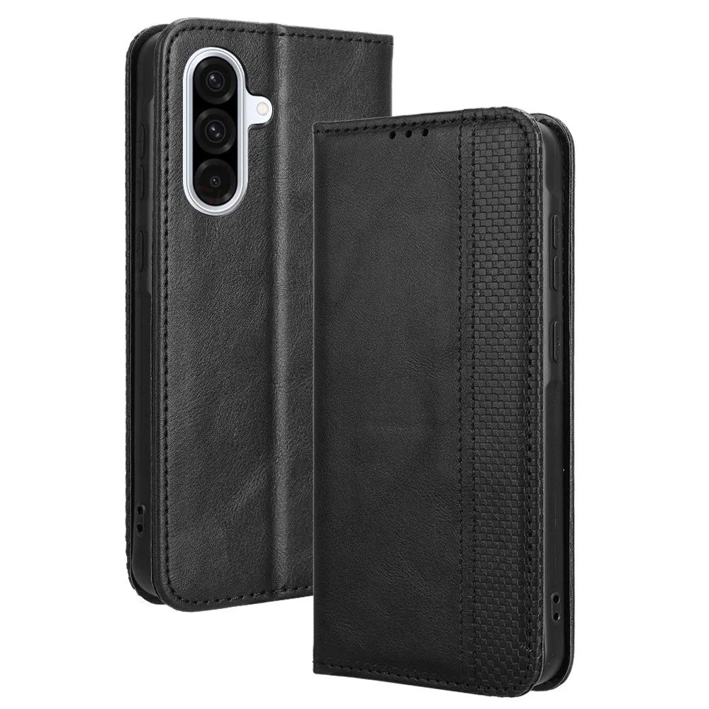 For Samsung Galaxy A56 5G Leather Case Wallet Stand Retro Texture Phone Cover - Black - 1