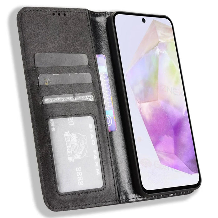 For Samsung Galaxy A56 5G Leather Case Wallet Stand Retro Texture Phone Cover - Black - 2