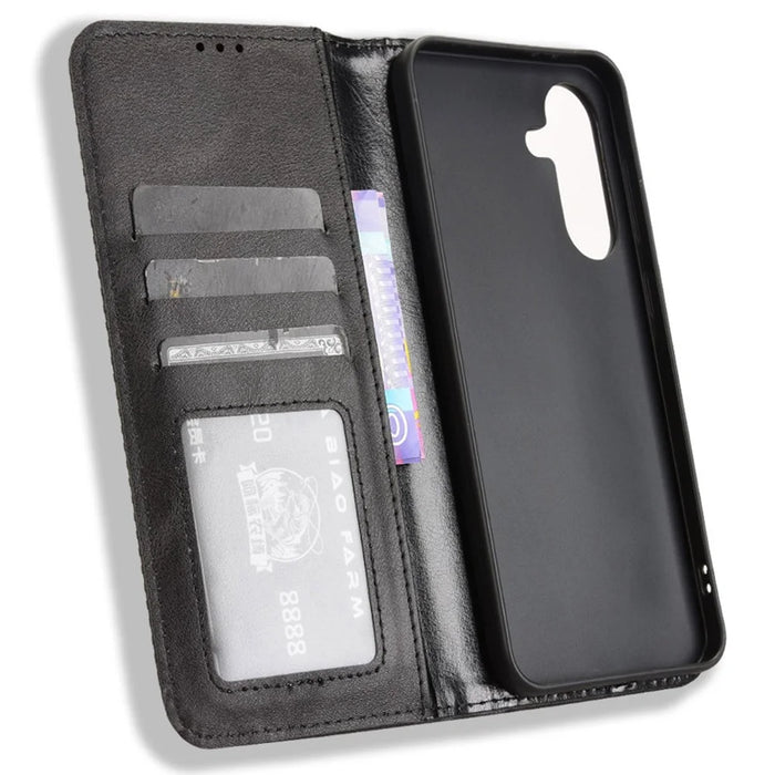 For Samsung Galaxy A56 5G Leather Case Wallet Stand Retro Texture Phone Cover - Black - 5