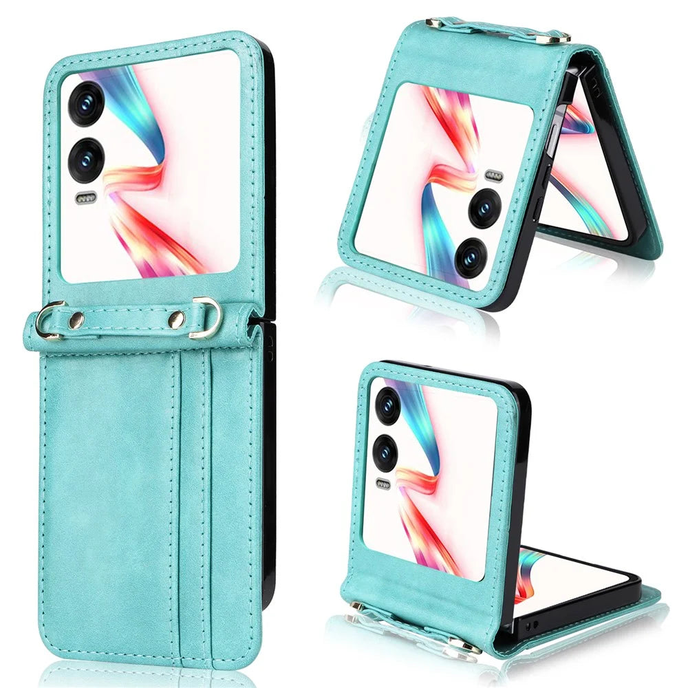For Infinix Zero Flip 5G X6962 Case Card Slots Leather Phone Cover with Lanyard - Green - 1