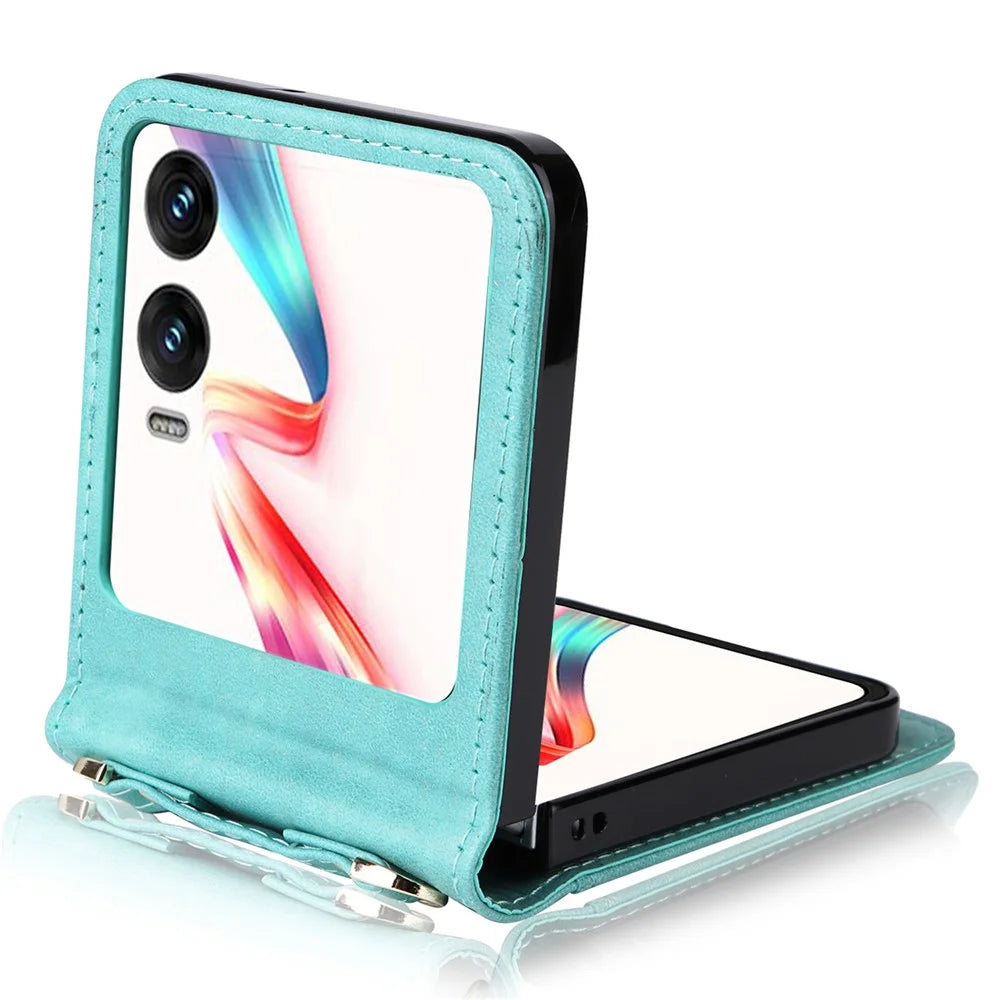For Infinix Zero Flip 5G X6962 Case Card Slots Leather Phone Cover with Lanyard - Green - 3