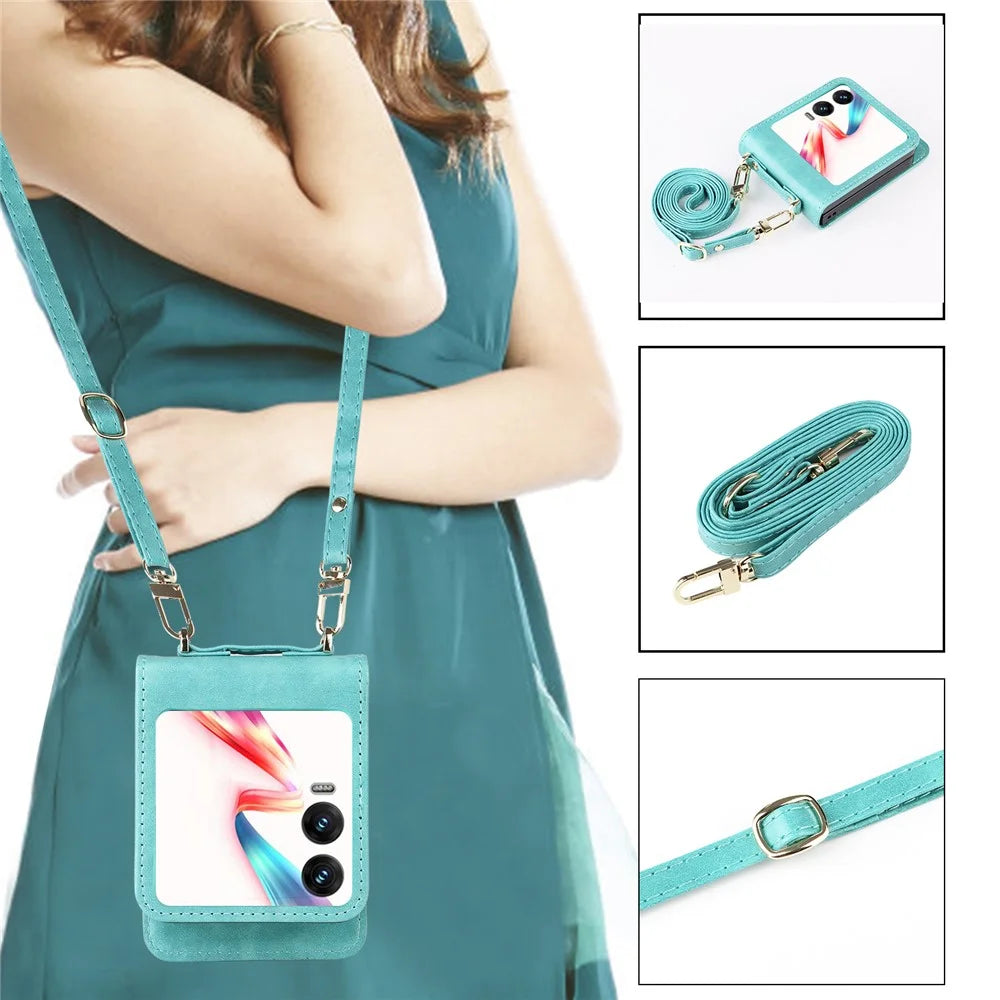 For Infinix Zero Flip 5G X6962 Case Card Slots Leather Phone Cover with Lanyard - Green - 5
