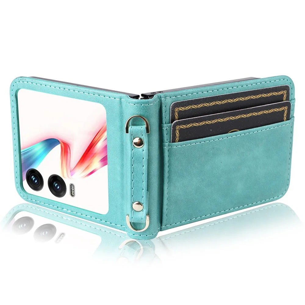 For Infinix Zero Flip 5G X6962 Case Card Slots Leather Phone Cover with Lanyard - Green - 7