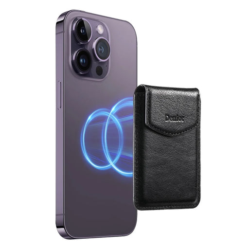 DENIOR V14 Magnetic Card Holder Genuine Cow Leather Phone Back Card Case - Black - 1