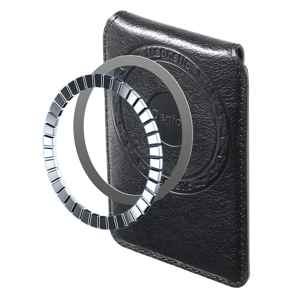 DENIOR V14 Magnetic Card Holder Genuine Cow Leather Phone Back Card Case - Black - 2