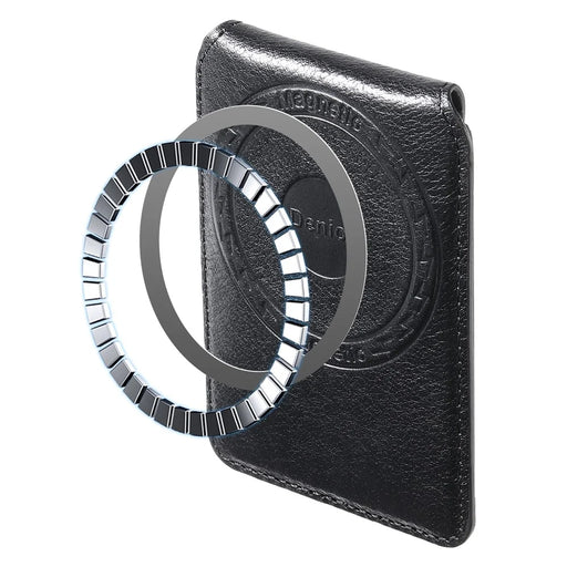 DENIOR V14 Magnetic Card Holder Genuine Cow Leather Phone Back Card Case - Black - 2