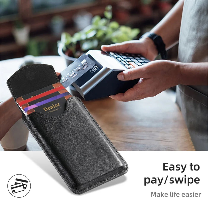 DENIOR V14 Magnetic Card Holder Genuine Cow Leather Phone Back Card Case - Black - 3
