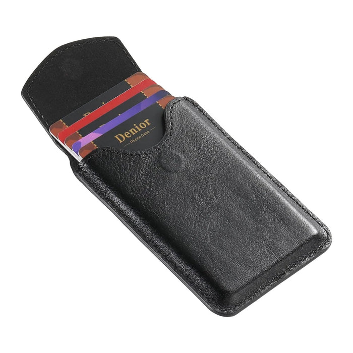 DENIOR V14 Magnetic Card Holder Genuine Cow Leather Phone Back Card Case - Black - 7