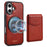 DENIOR D22 For iPhone 16 Case Detachable Card Bag Rotary Kickstand Genuine Cow Leather Phone Back Cover - Red - 1