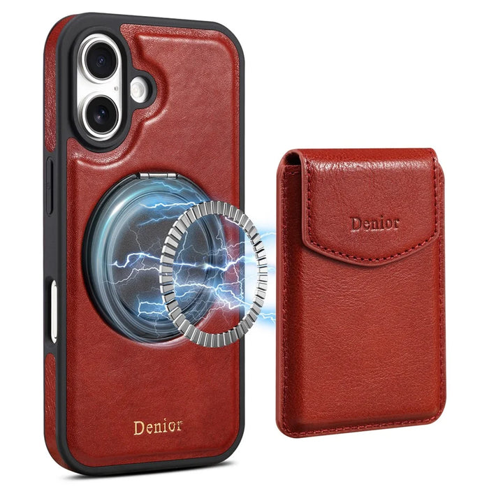 DENIOR D22 For iPhone 16 Case Detachable Card Bag Rotary Kickstand Genuine Cow Leather Phone Back Cover - Red - 1