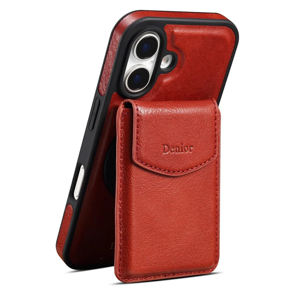 DENIOR D22 For iPhone 16 Case Detachable Card Bag Rotary Kickstand Genuine Cow Leather Phone Back Cover - Red - 2