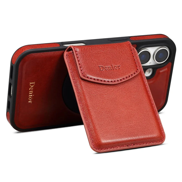 DENIOR D22 For iPhone 16 Case Detachable Card Bag Rotary Kickstand Genuine Cow Leather Phone Back Cover - Red - 3