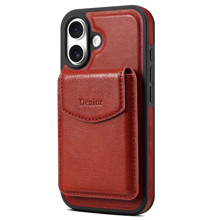 DENIOR D22 For iPhone 16 Case Detachable Card Bag Rotary Kickstand Genuine Cow Leather Phone Back Cover - Red - 5