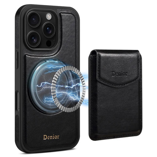DENIOR D22 For iPhone 16 Pro Case Detachable Card Bag Rotary Kickstand Genuine Cow Leather Phone Back Cover - Black - 1