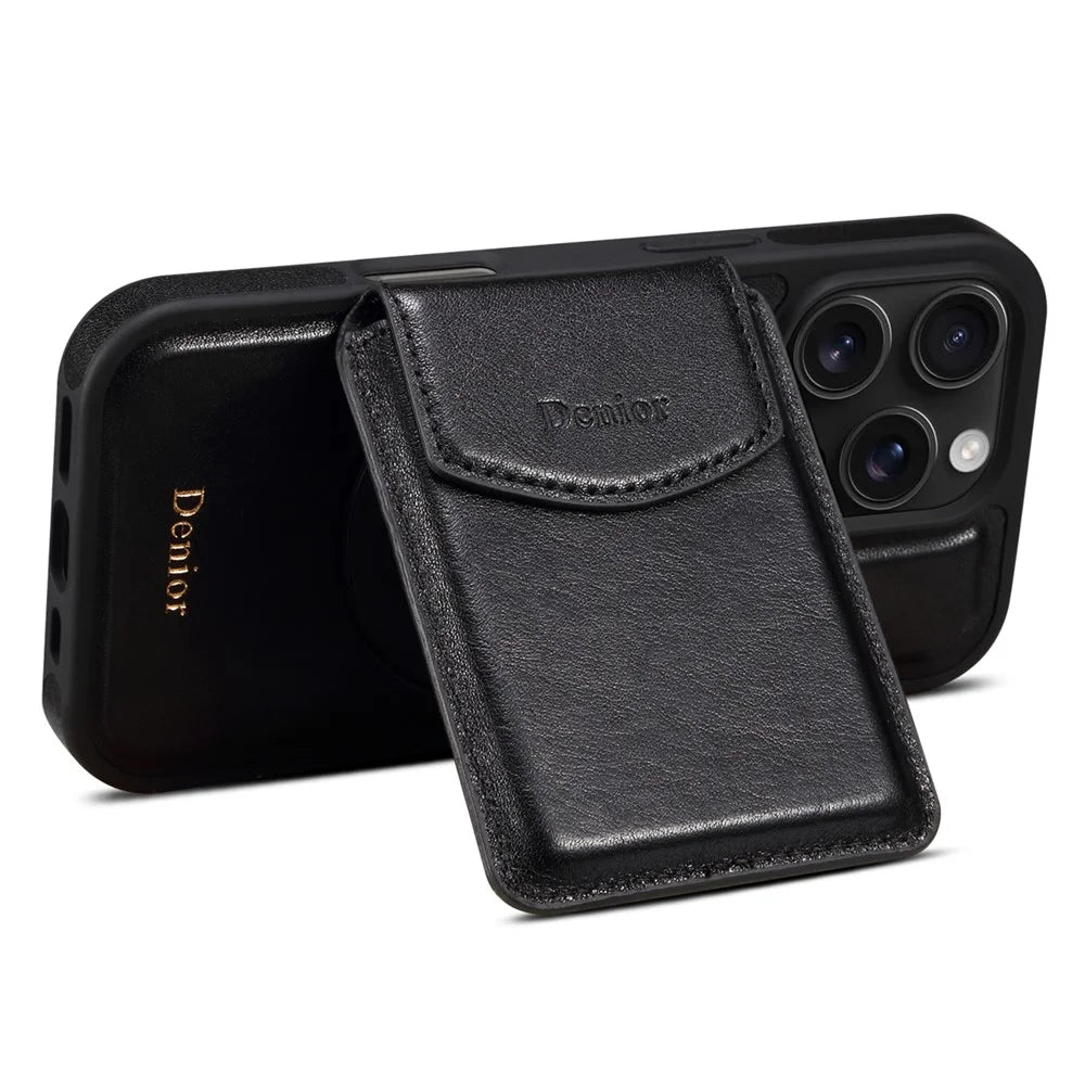 DENIOR D22 For iPhone 16 Pro Case Detachable Card Bag Rotary Kickstand Genuine Cow Leather Phone Back Cover - Black - 3