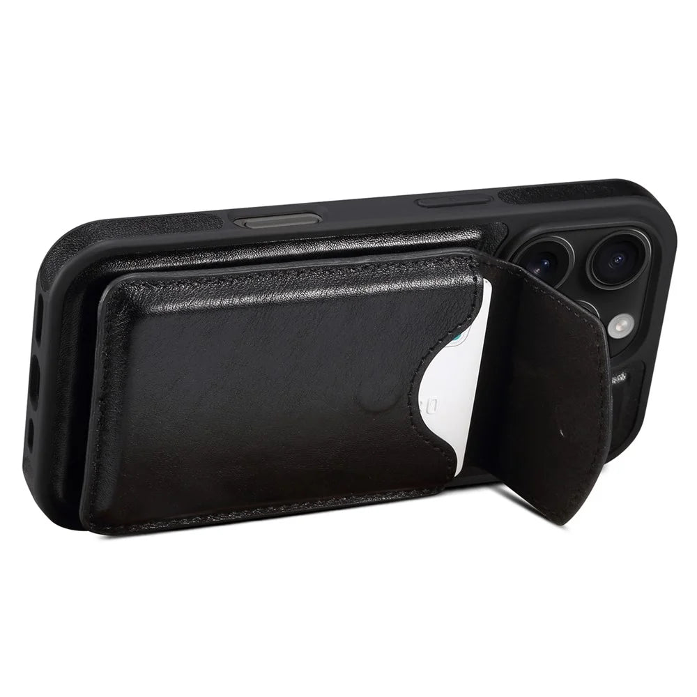 DENIOR D22 For iPhone 16 Pro Case Detachable Card Bag Rotary Kickstand Genuine Cow Leather Phone Back Cover - Black - 4