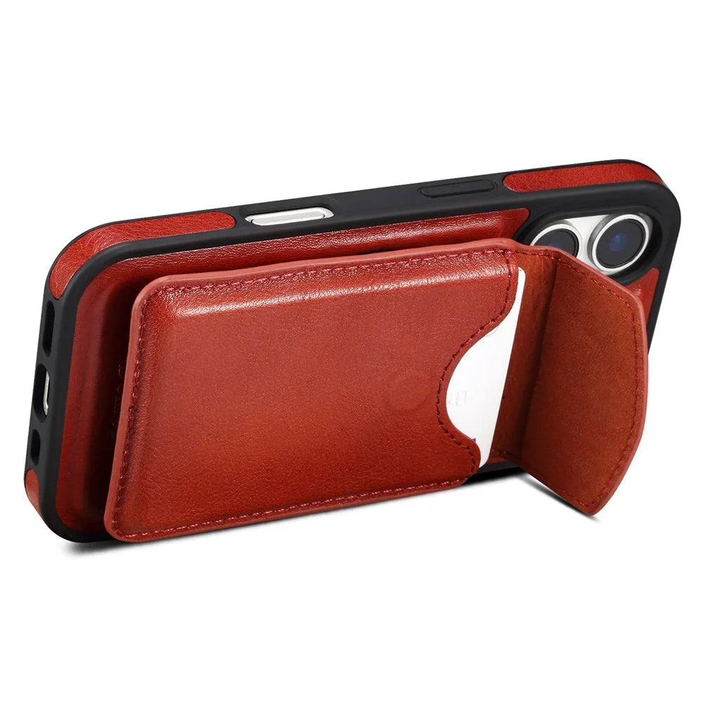DENIOR D22 For iPhone 16 Plus Case Detachable Card Bag Rotary Kickstand Genuine Cow Leather Phone Back Cover - Red - 4
