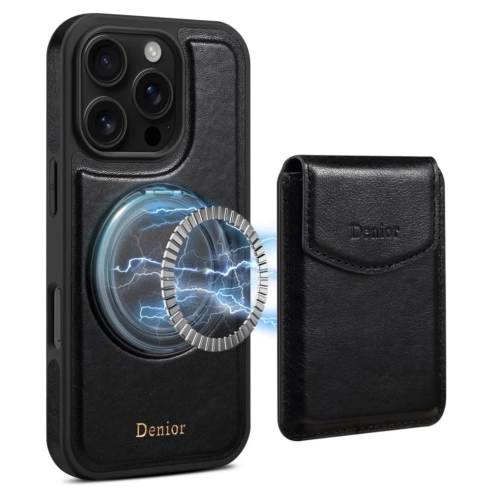 DENIOR D22 For iPhone 16 Pro Max Case Detachable Card Bag Rotary Kickstand Genuine Cow Leather Phone Back Cover - Black - 1