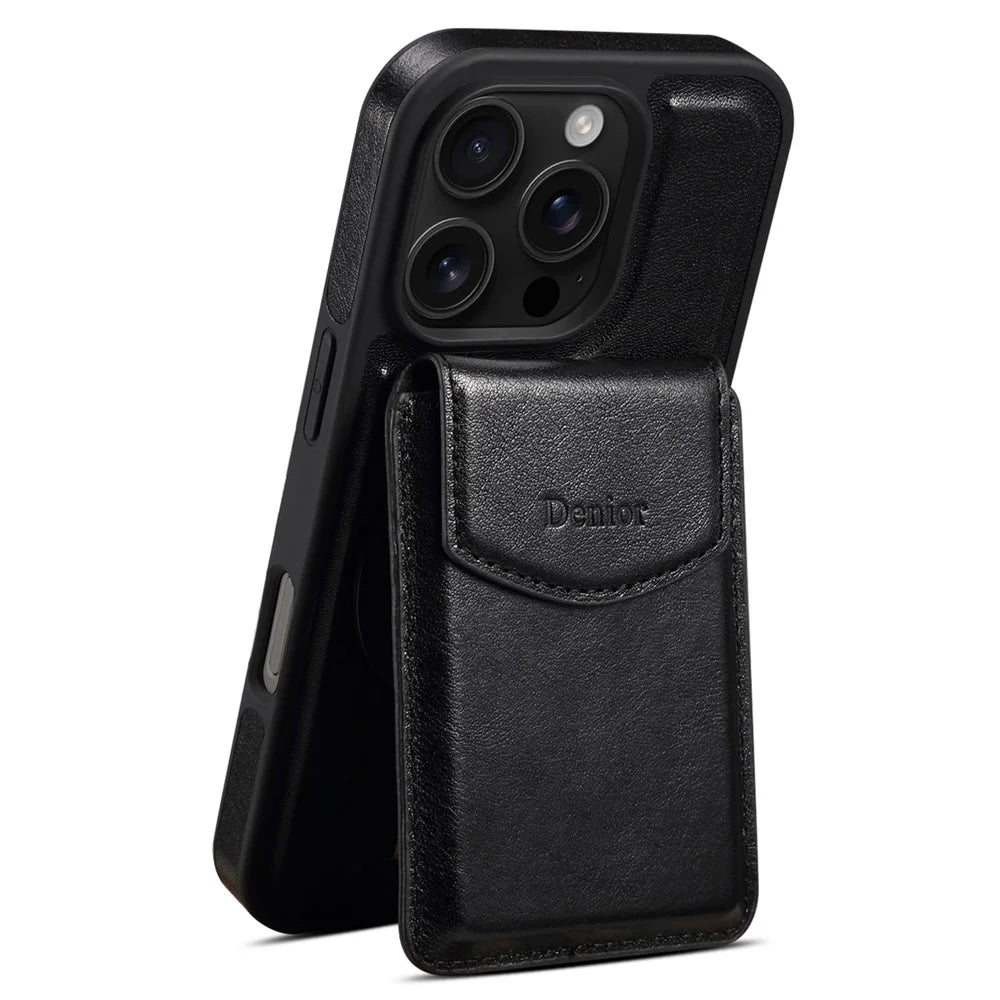 DENIOR D22 For iPhone 16 Pro Max Case Detachable Card Bag Rotary Kickstand Genuine Cow Leather Phone Back Cover - Black - 2