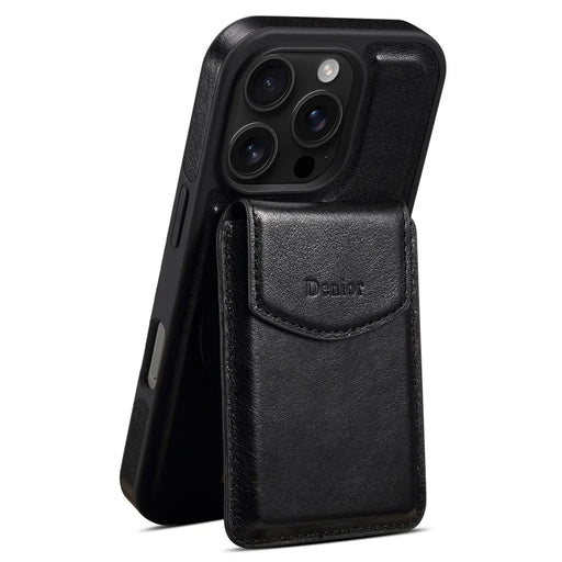 DENIOR D22 For iPhone 16 Pro Max Case Detachable Card Bag Rotary Kickstand Genuine Cow Leather Phone Back Cover - Black - 2