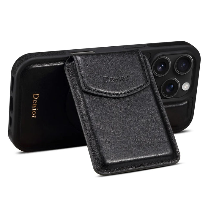 DENIOR D22 For iPhone 16 Pro Max Case Detachable Card Bag Rotary Kickstand Genuine Cow Leather Phone Back Cover - Black - 3