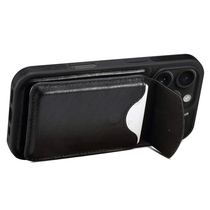 DENIOR D22 For iPhone 16 Pro Max Case Detachable Card Bag Rotary Kickstand Genuine Cow Leather Phone Back Cover - Black - 4