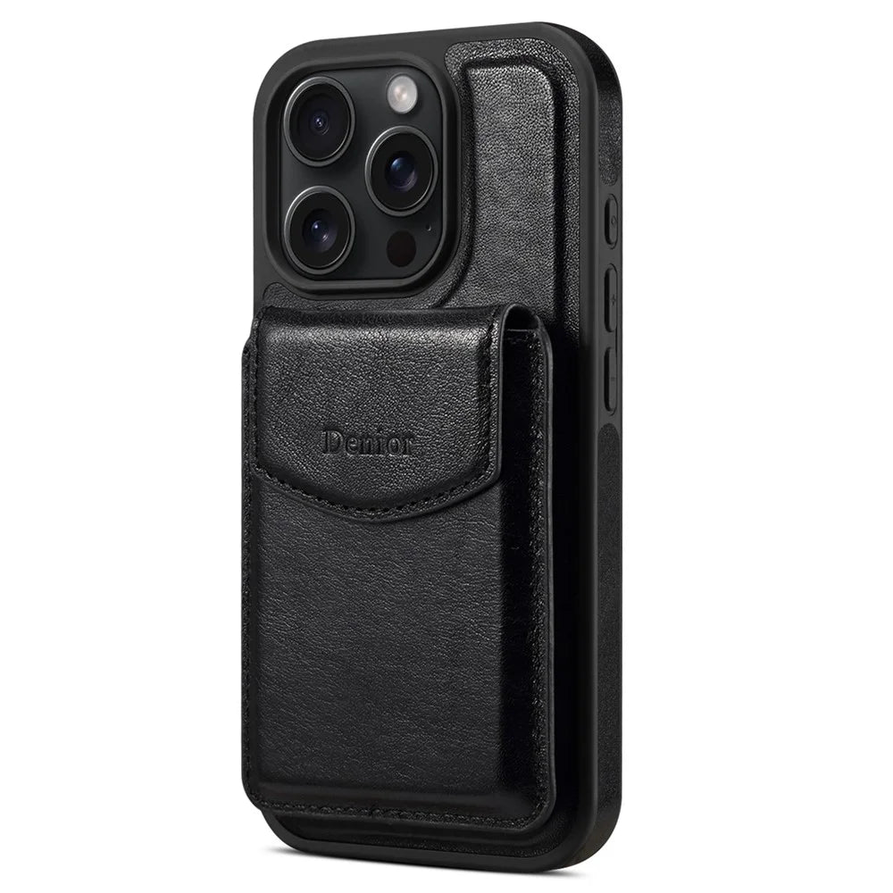 DENIOR D22 For iPhone 16 Pro Max Case Detachable Card Bag Rotary Kickstand Genuine Cow Leather Phone Back Cover - Black - 5