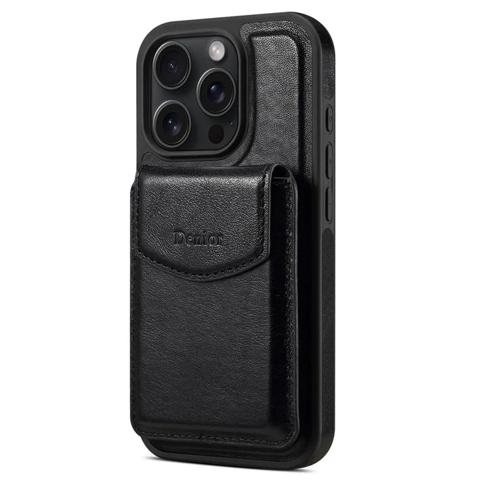 DENIOR D22 For iPhone 16 Pro Max Case Detachable Card Bag Rotary Kickstand Genuine Cow Leather Phone Back Cover - Black - 5