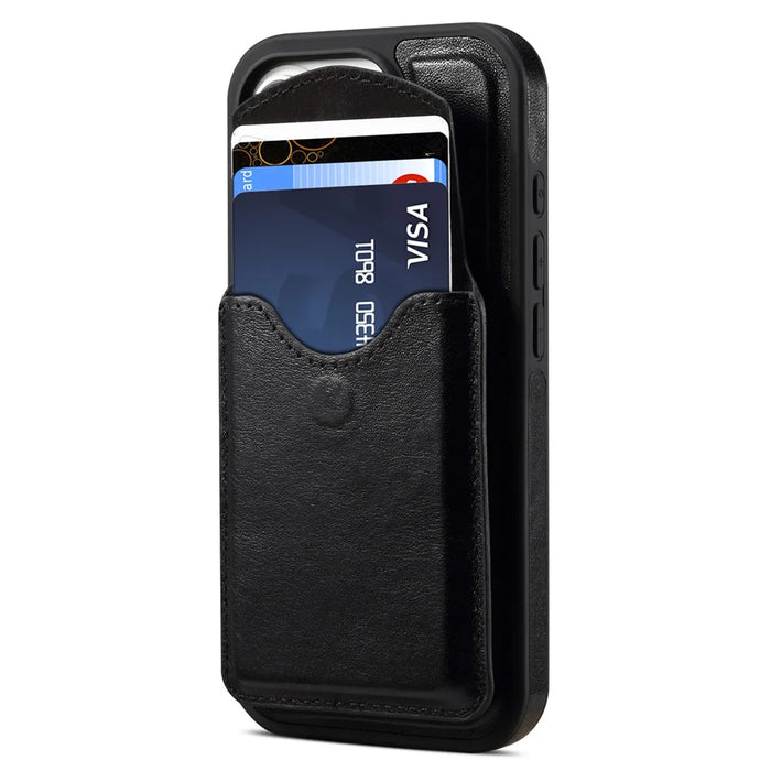 DENIOR D22 For iPhone 16 Pro Max Case Detachable Card Bag Rotary Kickstand Genuine Cow Leather Phone Back Cover - Black - 6
