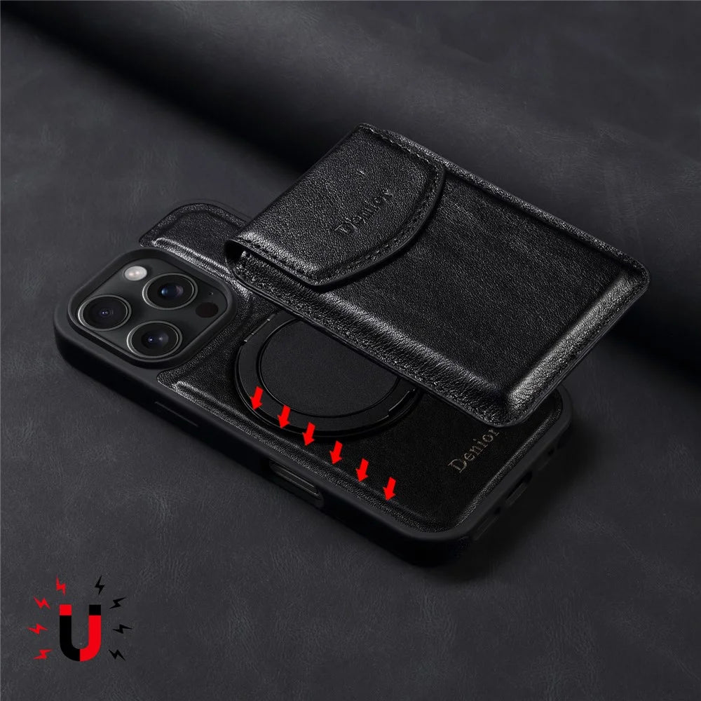 DENIOR D22 For iPhone 16 Pro Max Case Detachable Card Bag Rotary Kickstand Genuine Cow Leather Phone Back Cover - Black - 7