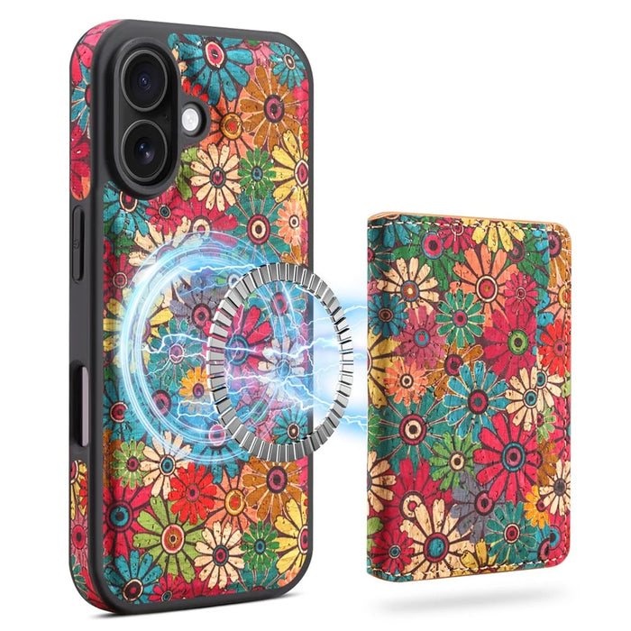 D16 For iPhone 16 Magnetic Case Detachable Card Bag Flower Leather Back Cover - Green - 1