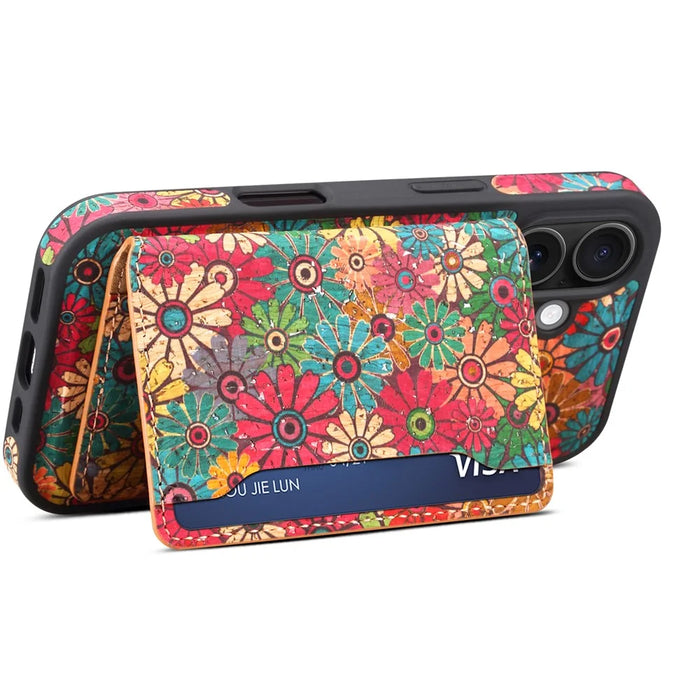D16 For iPhone 16 Magnetic Case Detachable Card Bag Flower Leather Back Cover - Green - 2