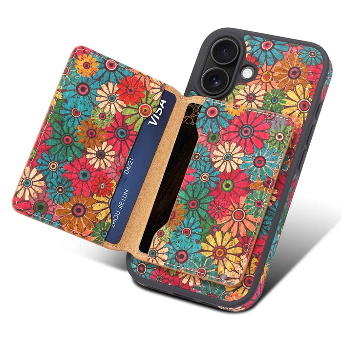 D16 For iPhone 16 Magnetic Case Detachable Card Bag Flower Leather Back Cover - Green - 3