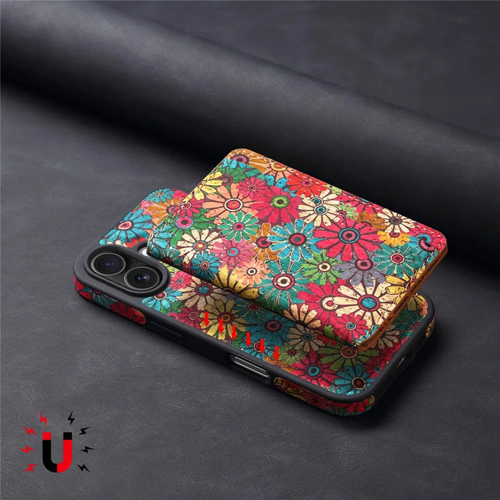 D16 For iPhone 16 Magnetic Case Detachable Card Bag Flower Leather Back Cover - Green - 6