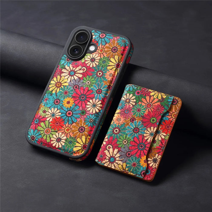 D16 For iPhone 16 Magnetic Case Detachable Card Bag Flower Leather Back Cover - Green - 7