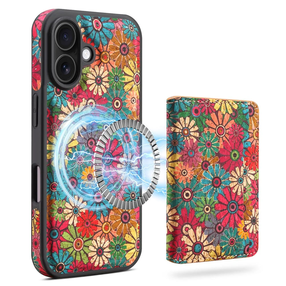 D16 For iPhone 16 Plus Magnetic Case Detachable Card Bag Flower Leather Back Cover - Green - 1