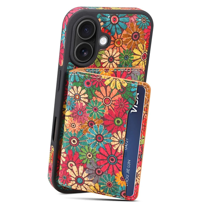 D16 For iPhone 16 Plus Magnetic Case Detachable Card Bag Flower Leather Back Cover - Green - 4
