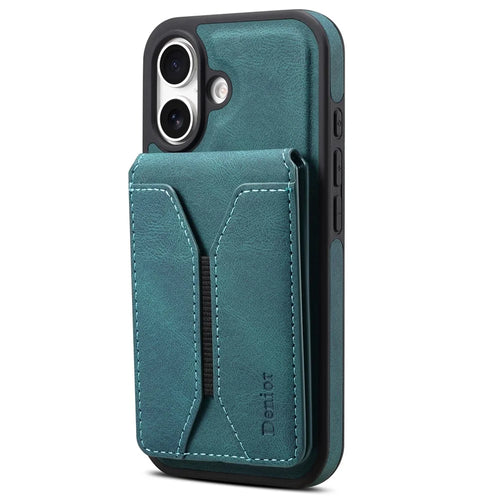 DENIOR D18 For iPhone 16 Case Ring Kickstand Leather+PC+TPU Phone Cover Card Holder - Blue - 1