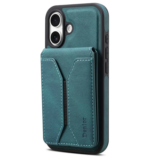 DENIOR D18 For iPhone 16 Case Ring Kickstand Leather+PC+TPU Phone Cover Card Holder - Blue - 1