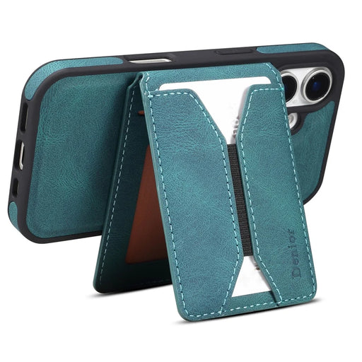 DENIOR D18 For iPhone 16 Case Ring Kickstand Leather+PC+TPU Phone Cover Card Holder - Blue - 2