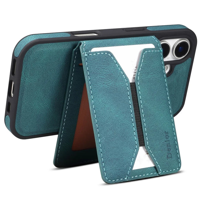 DENIOR D18 For iPhone 16 Case Ring Kickstand Leather+PC+TPU Phone Cover Card Holder - Blue - 2