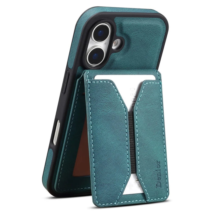 DENIOR D18 For iPhone 16 Case Ring Kickstand Leather+PC+TPU Phone Cover Card Holder - Blue - 3