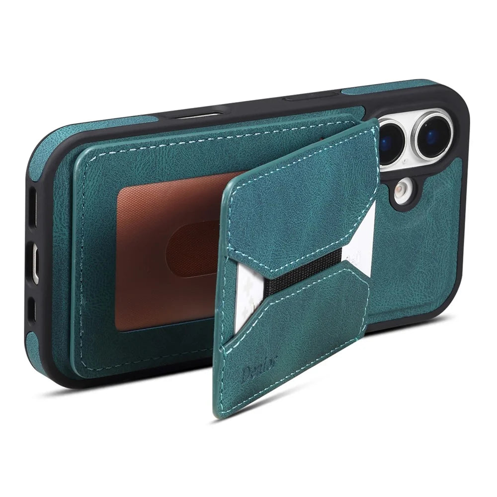 DENIOR D18 For iPhone 16 Case Ring Kickstand Leather+PC+TPU Phone Cover Card Holder - Blue - 4