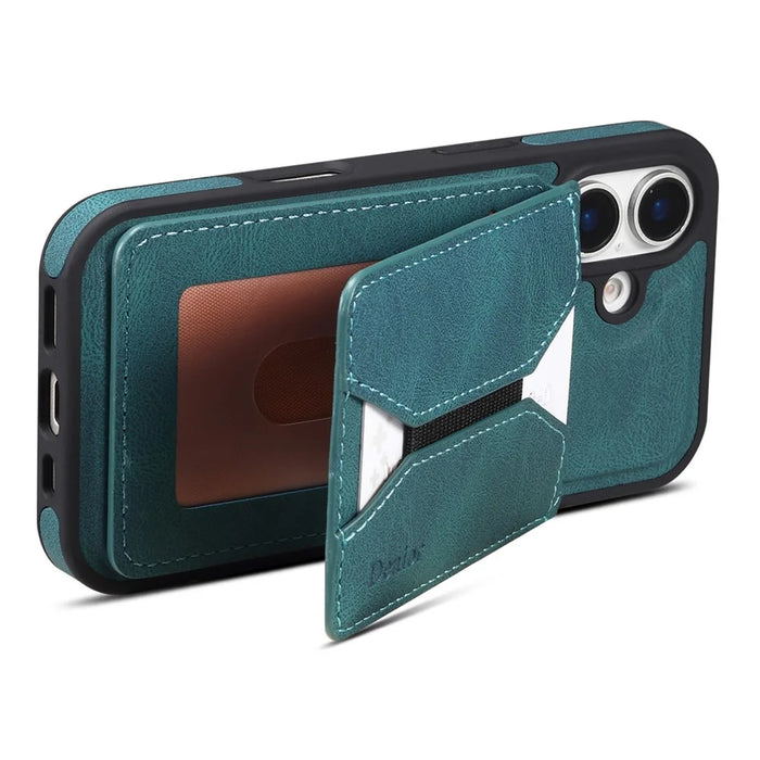 DENIOR D18 For iPhone 16 Case Ring Kickstand Leather+PC+TPU Phone Cover Card Holder - Blue - 4