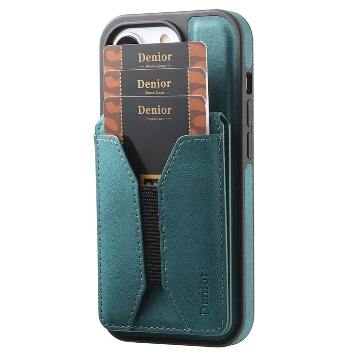 DENIOR D18 For iPhone 16 Case Ring Kickstand Leather+PC+TPU Phone Cover Card Holder - Blue - 5