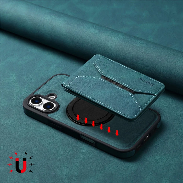 DENIOR D18 For iPhone 16 Case Ring Kickstand Leather+PC+TPU Phone Cover Card Holder - Blue - 6