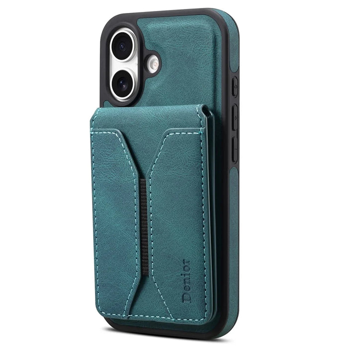 DENIOR D18 For iPhone 16 Plus Case Ring Kickstand Leather PC TPU Phone Cover Card Holder - Blue - 1