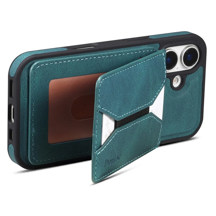 DENIOR D18 For iPhone 16 Plus Case Ring Kickstand Leather PC TPU Phone Cover Card Holder - Blue - 4