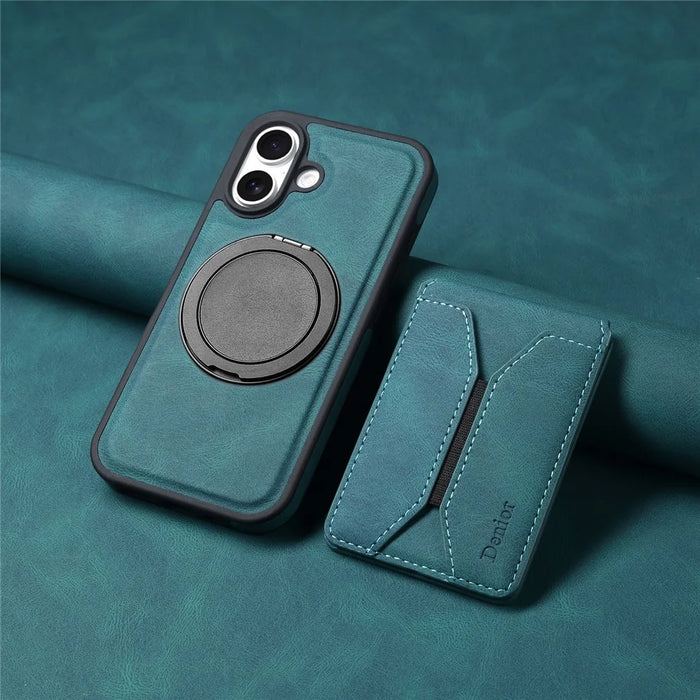 DENIOR D18 For iPhone 16 Plus Case Ring Kickstand Leather PC TPU Phone Cover Card Holder - Blue - 7